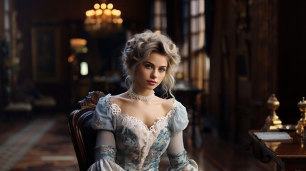 Beautiful woman in a historical costume sitting pensively