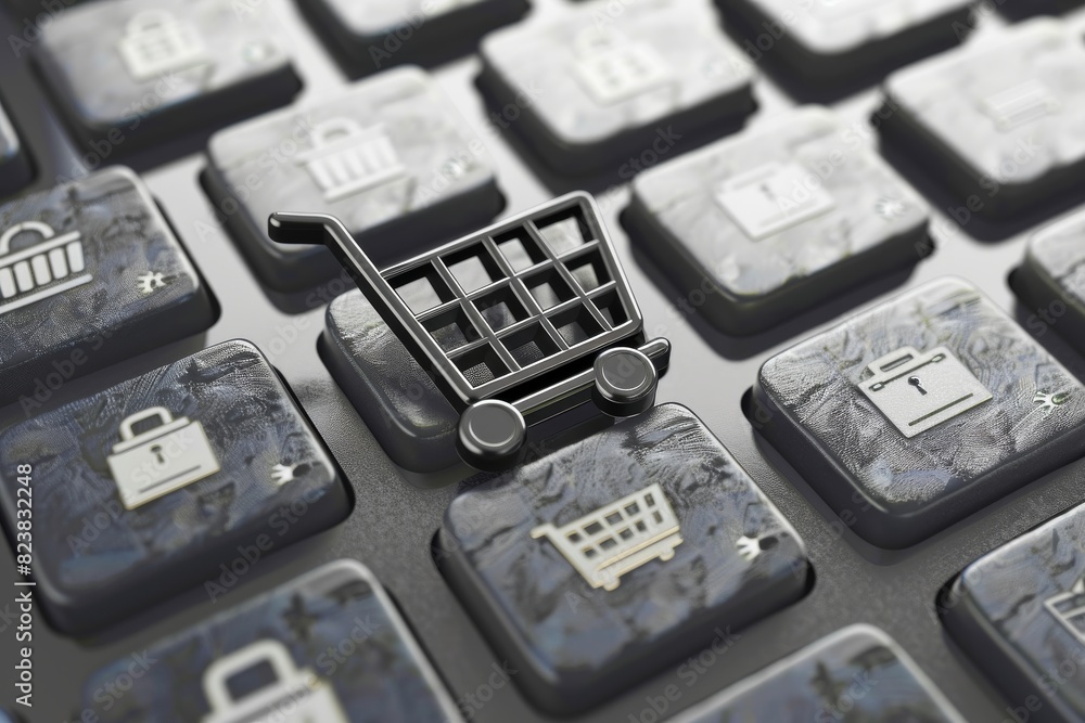 Aufkleber close up of keyboard with shopping cart icons, representing e commerce security and data protection.