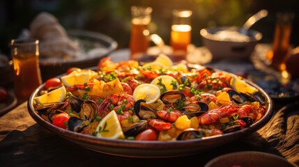 Exquisite seafood Paella presented in a large pan, bathed in sunlight, showcasing vibrant colors and fresh ingredients