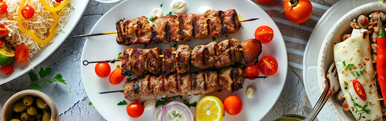 Photo side view shish kebab on skewers with tomato diffrent vagetables and paper and ayran in white...