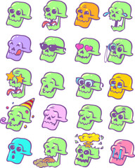 Set of skeleton skull emotions. Ready set of stickers and emojis. Holiday of the Dead and Mexico.
