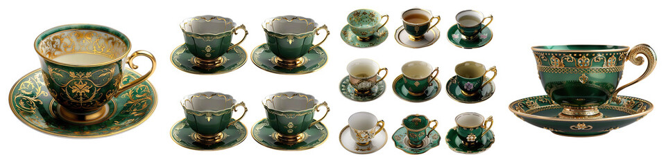Green and Gold teacup and saucer plate collection   On A Clean White Background Soft Watercolour Transparent Background