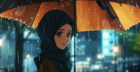 A hijabi girl holding an umbrella in the rain with blur background