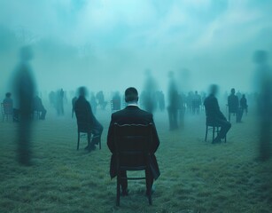 A man in a dark suit sitting on a chair is surrounded by many blurry figures and foggy environment