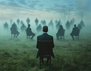 A man in a dark suit sitting on a chair is surrounded by many blurry figures and foggy environment