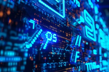 Fototapeta premium A close-up of a futuristic digital screen displaying retro neon light blue digital letters, capturing the glowing characters with high clarity and detail. The vibrant neon blue letters stand out