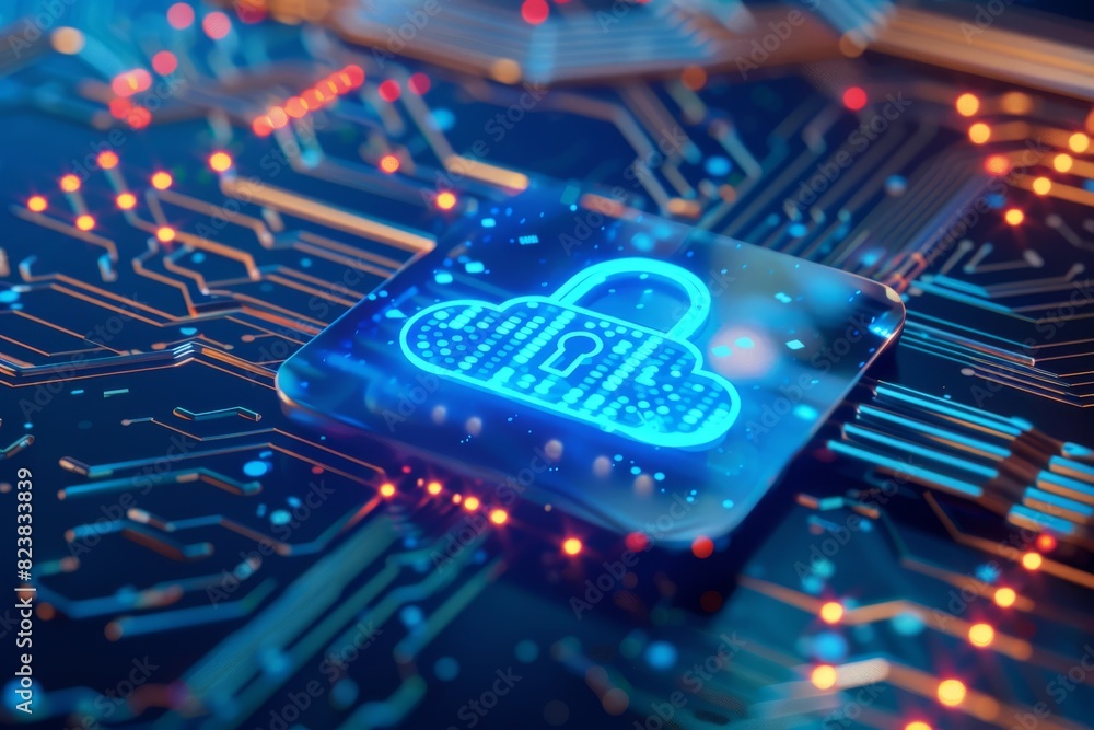 Poster close up of a circuit board with a glowing padlock icon, representing data security and cybersecurit