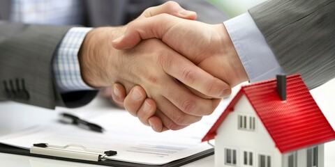 Two people shaking hands over a house. The house is red and white. The man on the left is wearing a blue suit