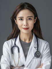 Portrait of a Confident Female Doctor in White Coat with Stethoscope in Professional Studio Setting