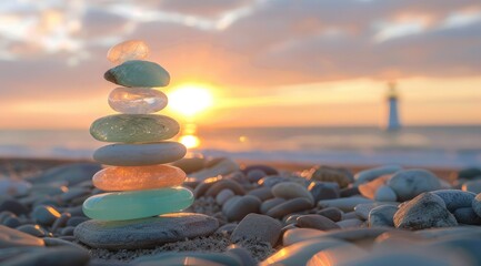 A stack of pastel-colored sea glass stones, balanced on top of each other with the sunset and lighthouse in the background