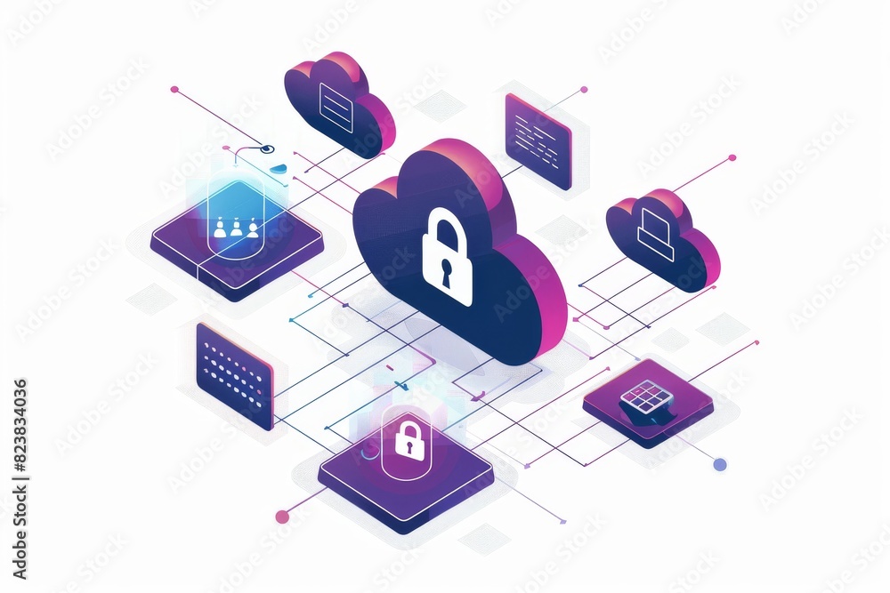 Poster illustration of interconnected cloud services with padlocks, symbolizing secure cloud computing and 