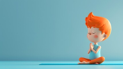 A 3D cartoon illustration of  doing a warrior II with gentle and mental health concept of yoga day