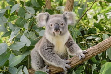 Koala bear in the Australian bush, sitting on a eucalyptus tree branch. Cute animal portrait, natural greenery in the background. Horizontal. Space for copy.