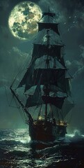 A tall ship with black sails sailing in the ocean at night