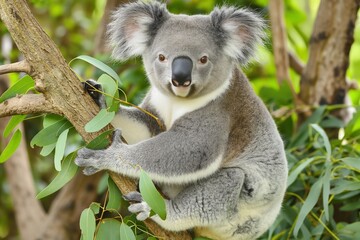 Koala bear in the Australian bush, sitting on a eucalyptus tree branch. Cute animal portrait, natural greenery in the background. Horizontal. Space for copy.