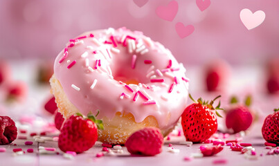Pink heart-shaped donut, a delicious Valentine's Day dessert.