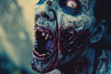 Close-up of a horrifying zombie with blood-spattered face and bared teeth