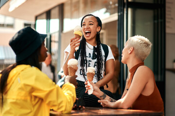 Friends, girls and laughing outdoor for ice cream with dessert, summer snack and funny conversation in city. Group, people and happy with cone for relax, bonding and comic gossip story in urban town