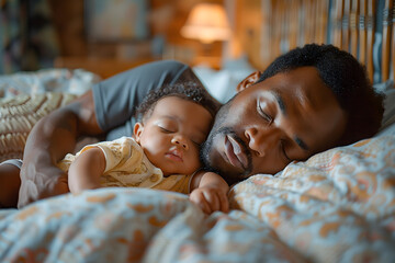 Black man father sleeping with daughter or son child. Caring father hugs his baby tenderly. Father's Day or Children's Day concept
