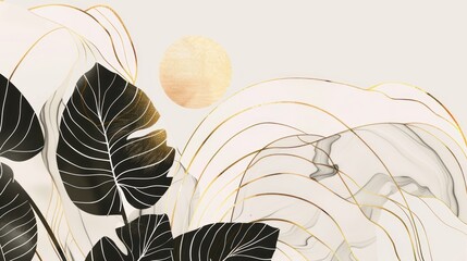 Abstract art line drawing of monstera plant gold wallpaper