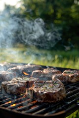 Grilling meat on an outdoor grill with smoke rising