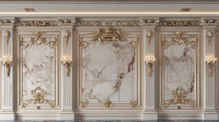 Obraz premium modern classic interior design, featuring a beige wall adorned with intricate decorative moldings and golden sconces on each side.