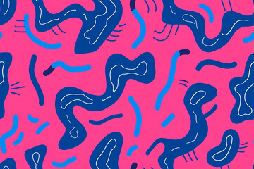 Playful seamless pattern with abstract blue shapes on a pink background, ideal for fun and trendy decor or fashion projects. Dynamic and eye-catching, it adds a whimsical and artistic touch.