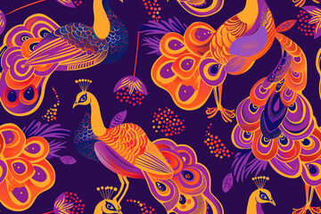 Fototapeta premium Colorful seamless pattern with intricate peacock designs on a dark background, perfect for textile or home decor projects. Vibrant and detailed, it adds an exotic touch with its ornamental feathers.