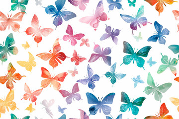 Vibrant seamless pattern with multicolored butterflies on a white background, perfect for spring and summer decor or fashion projects. Cheerful and lively, it adds a touch of whimsy and nature.