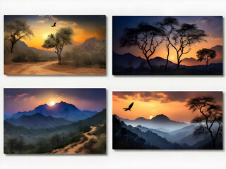 collage of sunset in the mountains. landscape, nature, sunset, collage, sky, sunrise, mountain, summer, beach, sun, mountains, clouds, sea,Ai  generated 