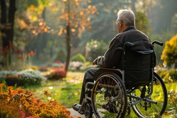 Elderly patient sitting in wheelchair in home recieving medical support for chronic pain and aging health conditions