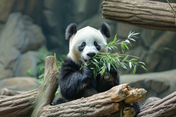 Cute panda cub sits on a log munching bamboo in its natural habitat