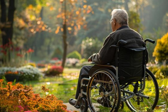 Elderly patient sitting in wheelchair in home recieving medical support for chronic pain and aging health conditions