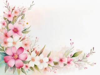 Abstract watercolor floral composition with delicate pink and white small flowers for greeting card, with copy space
