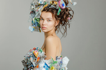 Woman in dress made of plastic waste and garbage. Clothing made from recycled materials to preserve environment