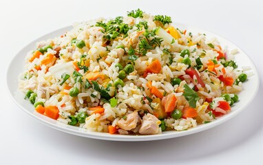 A plate of fried rice made from yesterday's leftovers, colorful vegetables, and diced chicken included, a clean white background