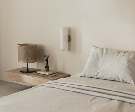 Bedroom interior close up with bed and wooden furniture, 3d render