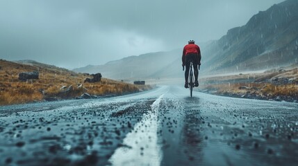 Obraz premium A man is riding a bicycle down a road in the mountains