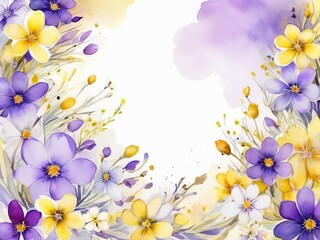 Abstract floral composition with delicate purple and yellow flowers,  for greeting card, with copy space