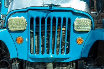 Close up of the front part of an old blue truck. jerico, jericó, antioquia, colombia.