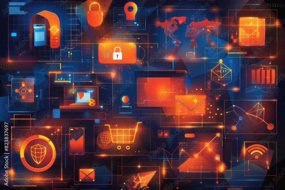 Aufkleber futuristic digital network with secure data connections and cyber protection icons.