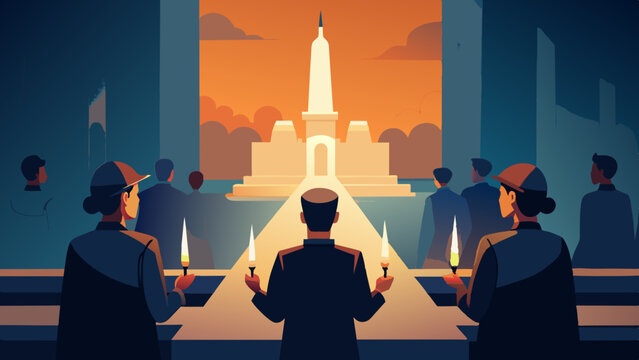 Solemn Vigil at Dusk by Historic Monument. Vector illustration, International Day for the Remembrance of the Slave Trade and Its Abolition