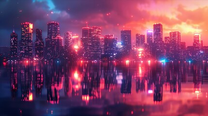 Obraz premium Technologically advanced city lights reflecting on calm waters at night