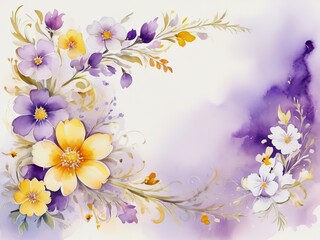 Obraz premium Abstract floral composition with delicate purple and yellow flowers, for greeting card, with copy space