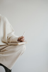 Girl student with notebook sitting over white wall. Aesthetic neutral pastel beige color. Study, education concept