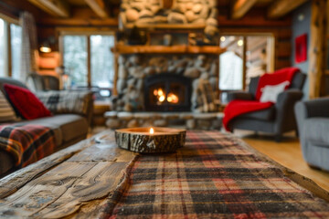 A wooden coffee table in the foreground with a blurred background of a rustic cabin living room. The background features a stone fireplace, cozy couches with plaid blankets and wooden beams