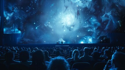 A large audience is seated in a theater, watching a mesmerizing cosmic-themed show projected on a...