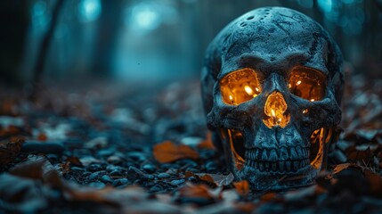 An enigmatic image of a creepy skull with glowing eyes lying among fallen leaves on a forest floor