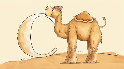 A cartoon camel is standing in front of the letter C