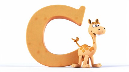 A giraffe is standing in front of the letter C
